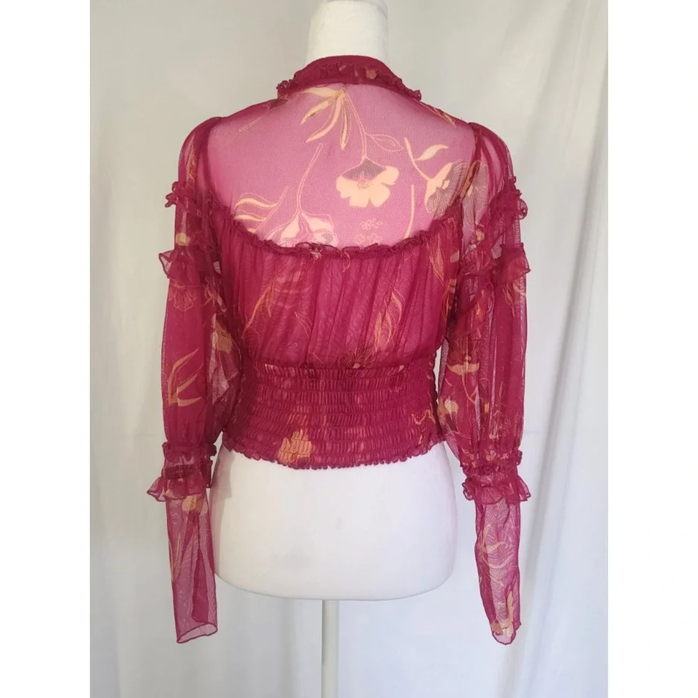 Free People Time For Shine Mesh Fuchsia Floral Smocked Cropped Blouse Top XS